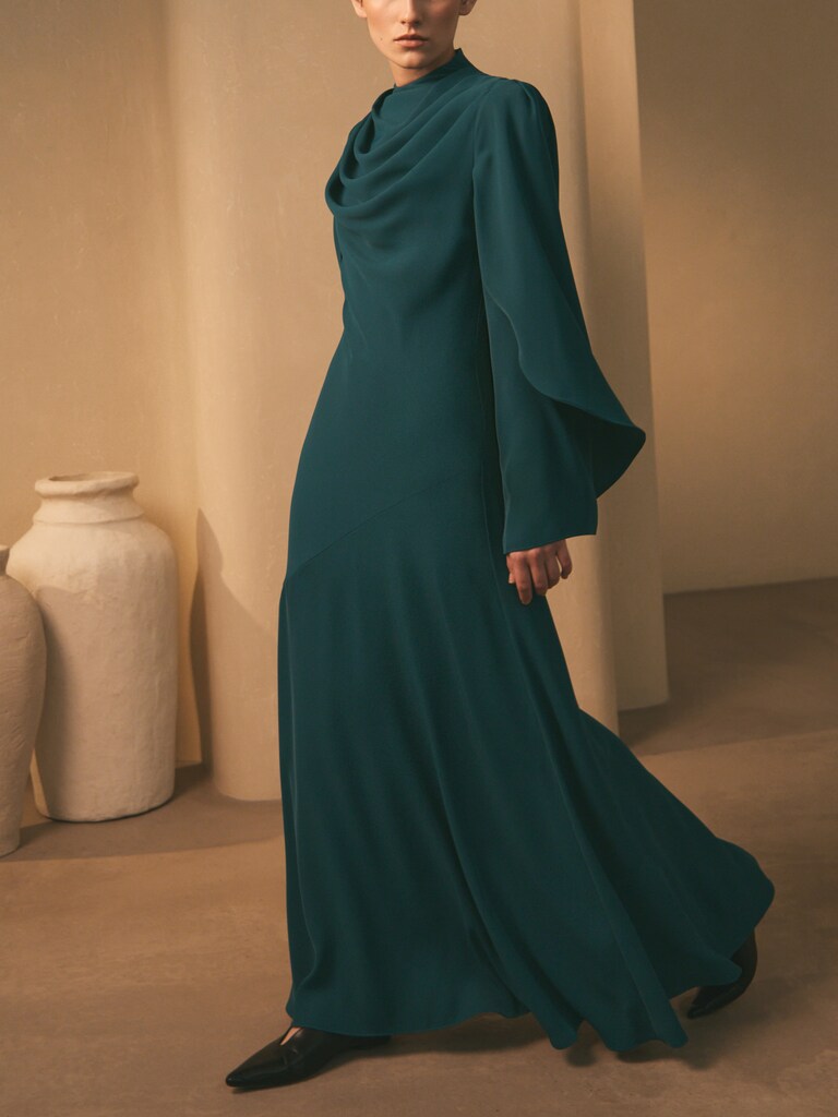 Maxi dress with high collar and draped bodice