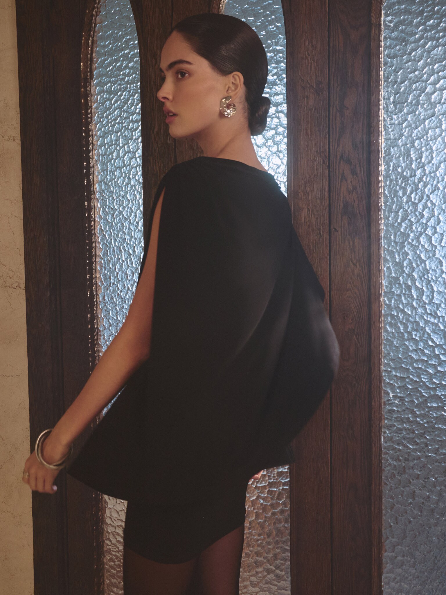 Mini dress with one shoulder cape