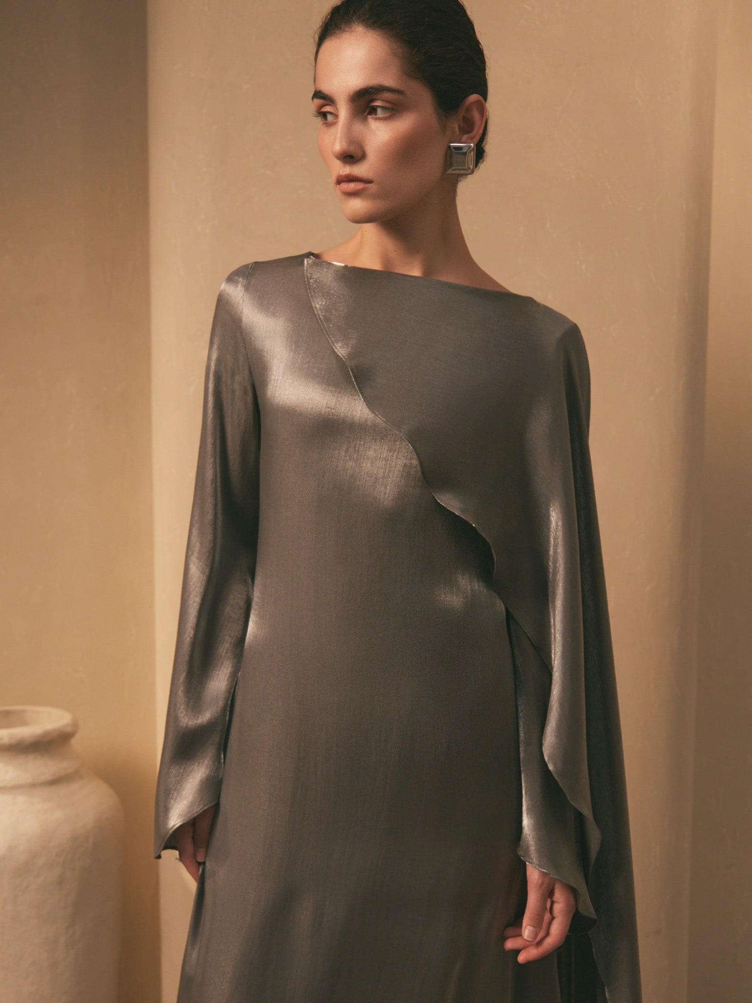 Textured maxi dress with one shoulder cape