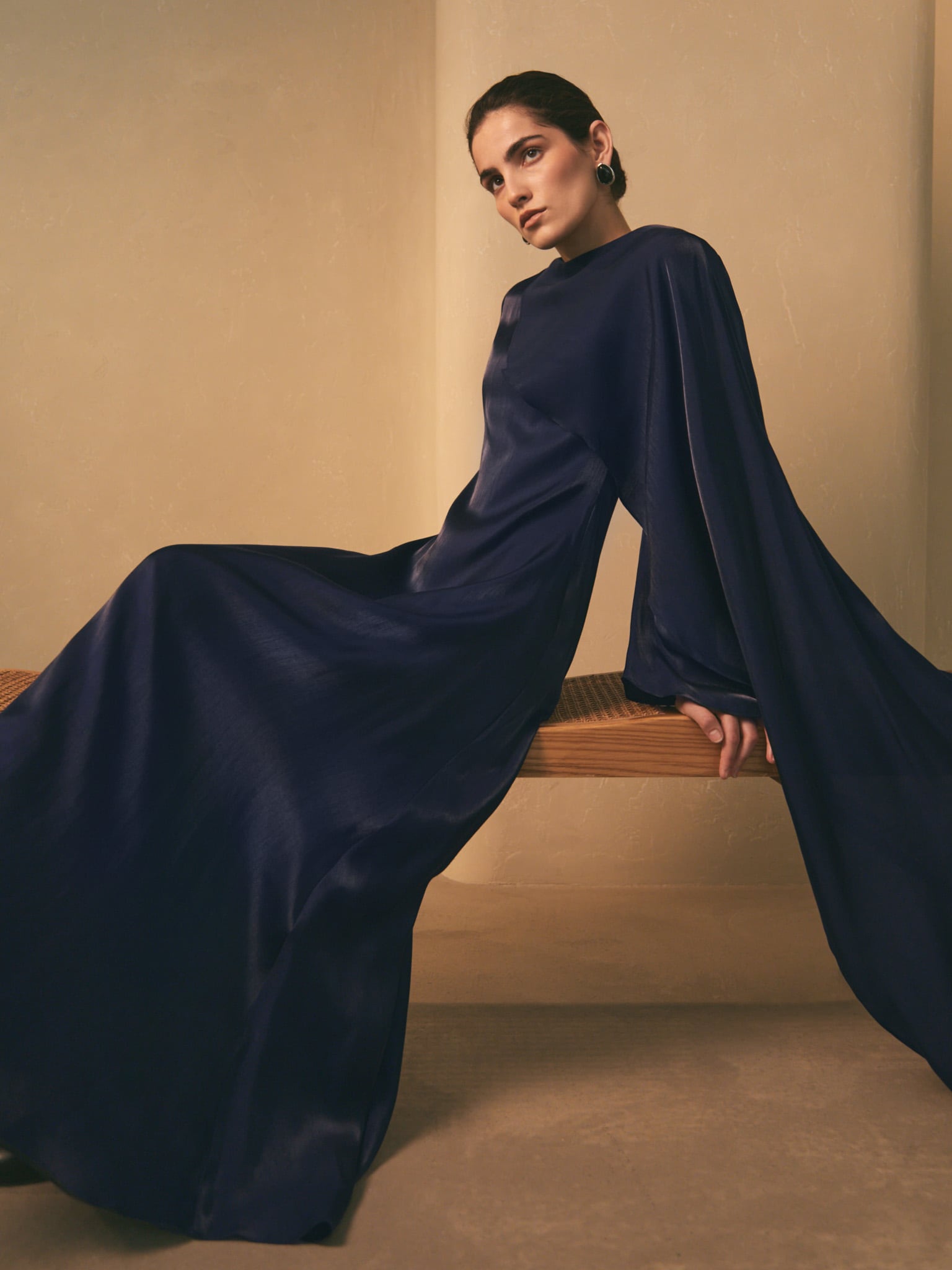 Textured maxi dress with one shoulder cape