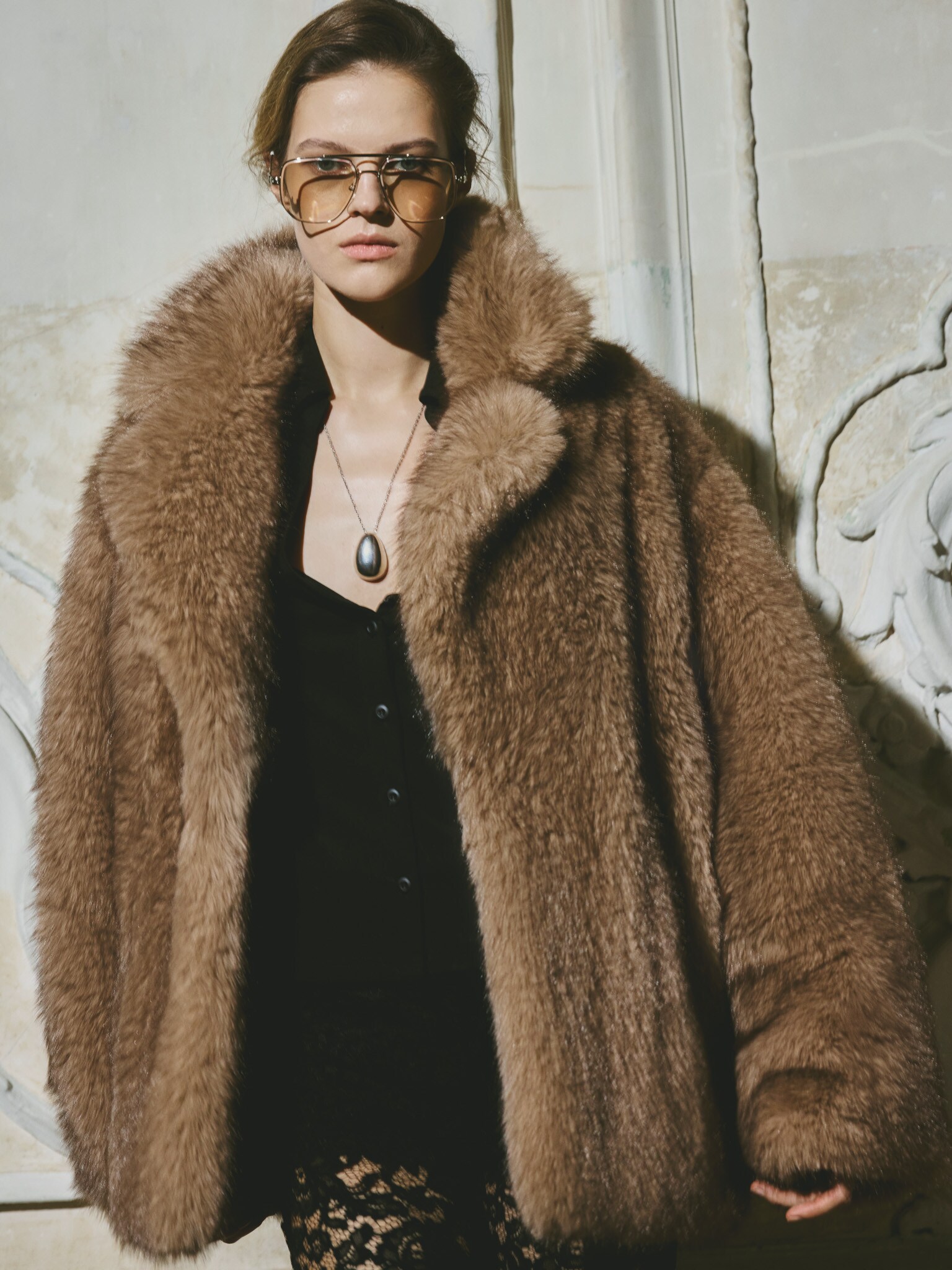 Voluminous mini eco-coat with wide collar