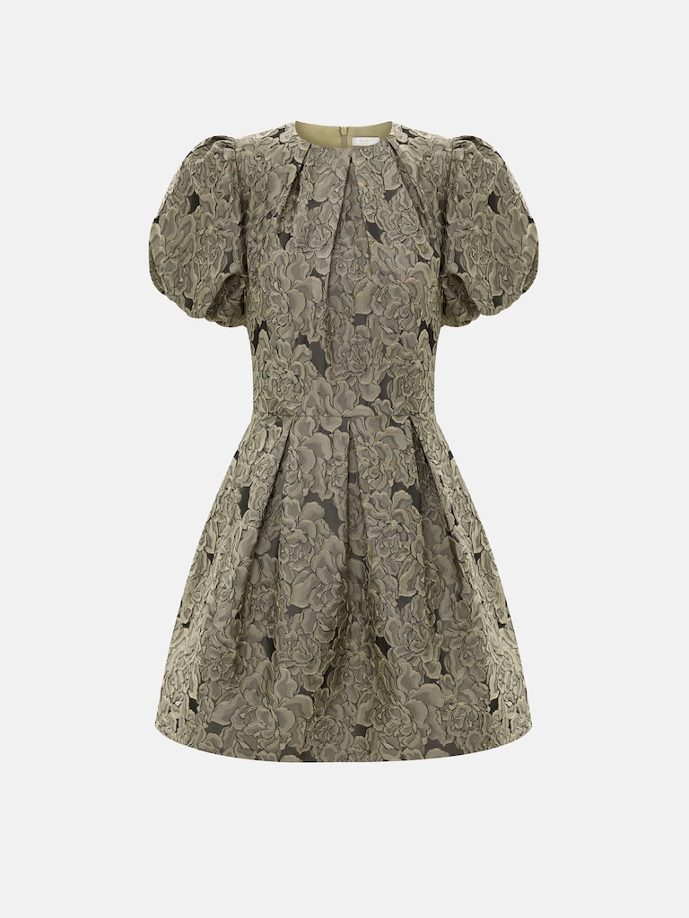 Voluminous jacquard mini dress with puff sleeves