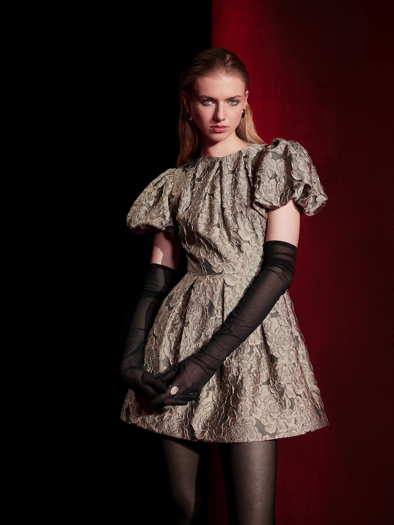 Voluminous jacquard mini dress with puff sleeves