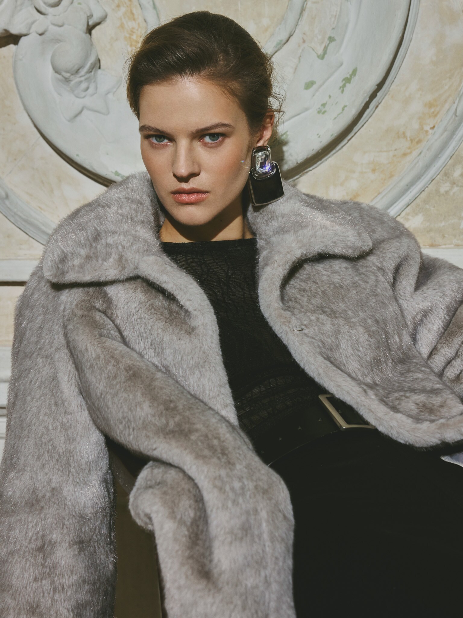 Short straight eco-fur coat with triangular collar