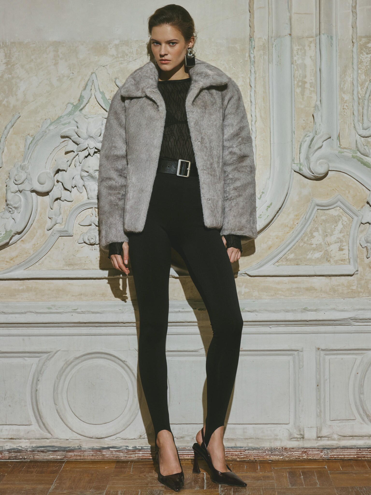 Short straight eco-fur coat with triangular collar