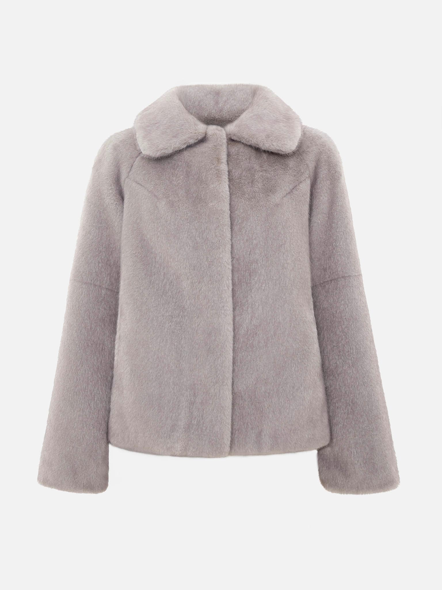 Short straight eco-fur coat with triangular collar