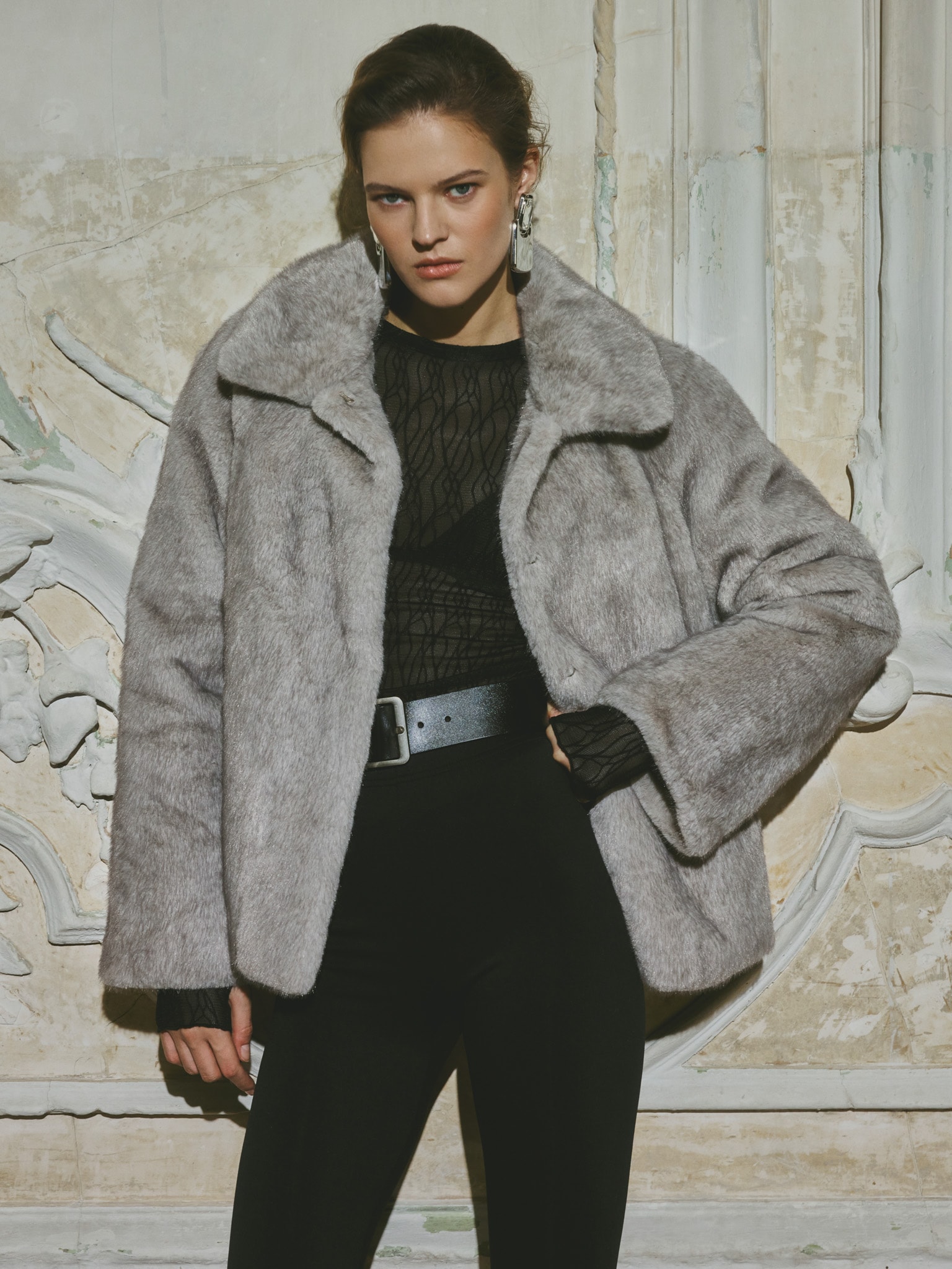 Short straight eco-fur coat with triangular collar