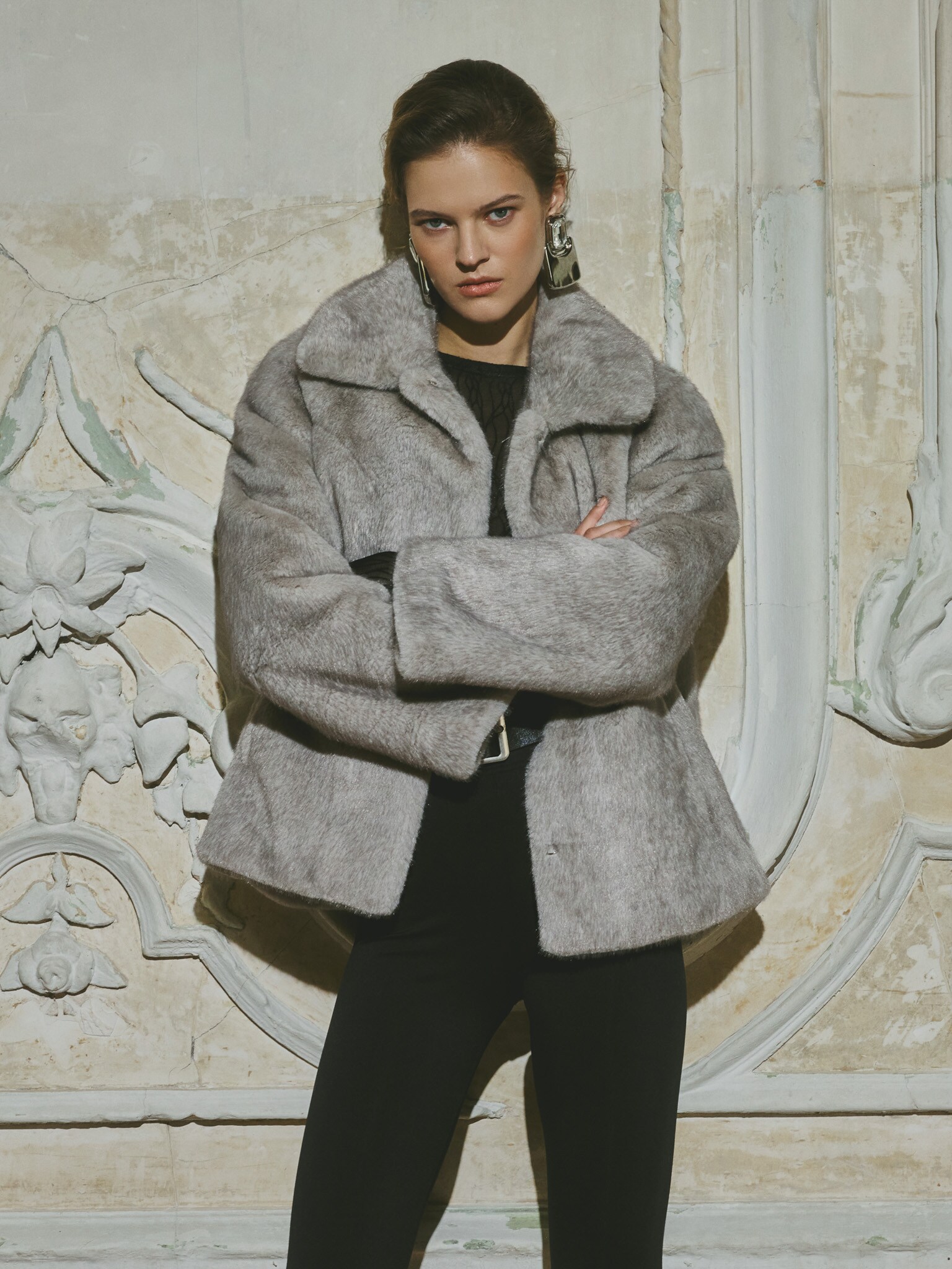 Short straight eco-fur coat with triangular collar