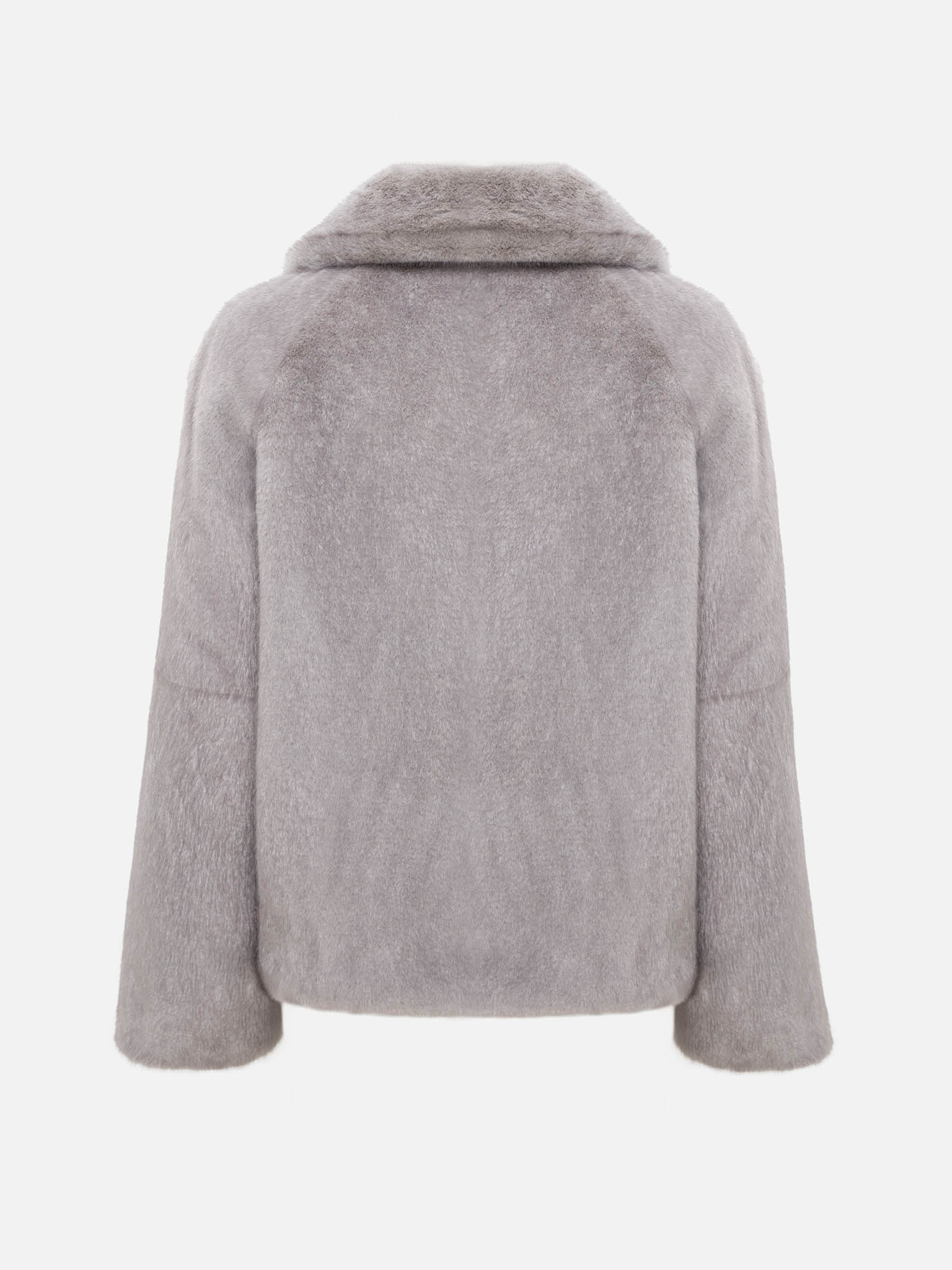 Short straight eco-fur coat with triangular collar