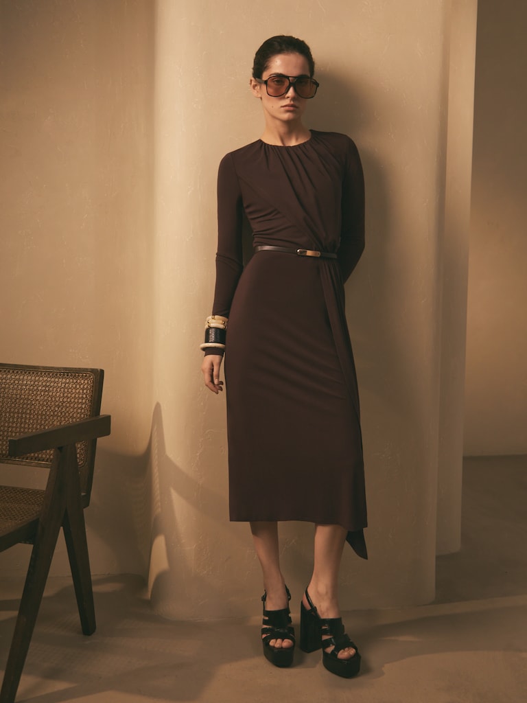 Viscose jersey midi dress with matching belt