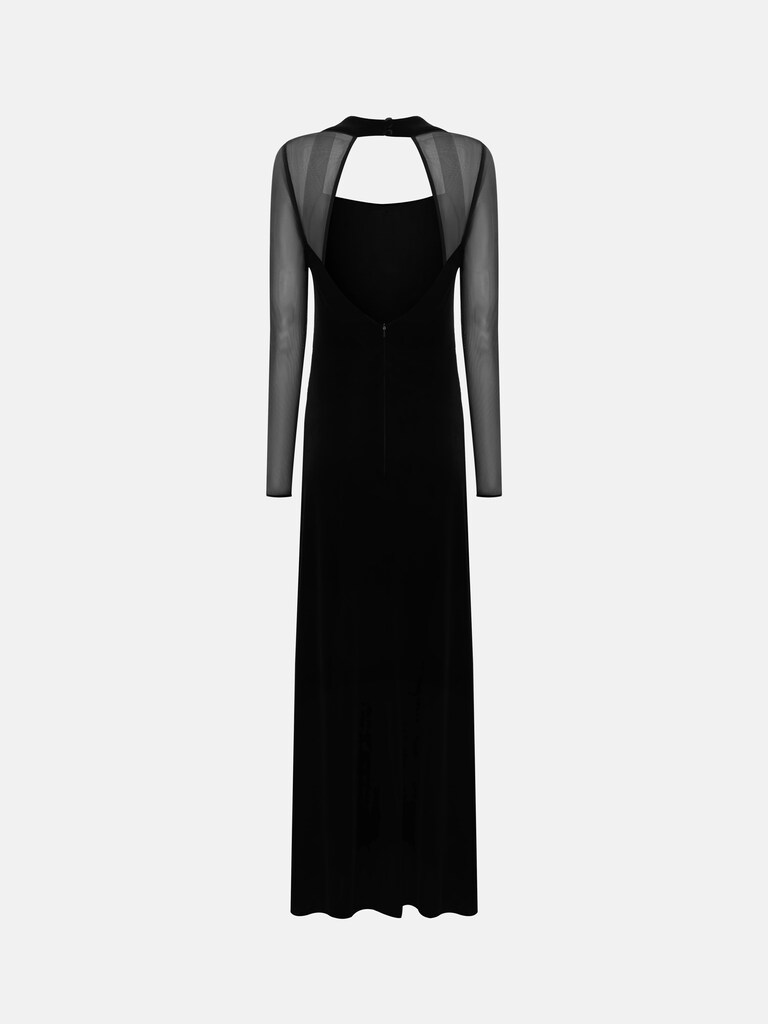 Бархатное платье макси с полупрозрачными длинными рукавами