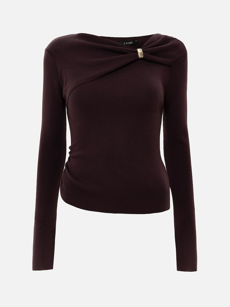 Viscose jumper with gathering and gold detailing on the collar