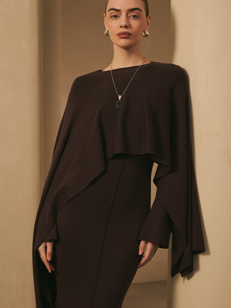 Viscose knitted maxi dress with long shoulder cape
