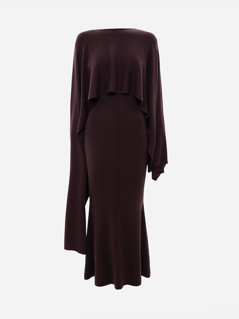 Viscose knitted maxi dress with long shoulder cape