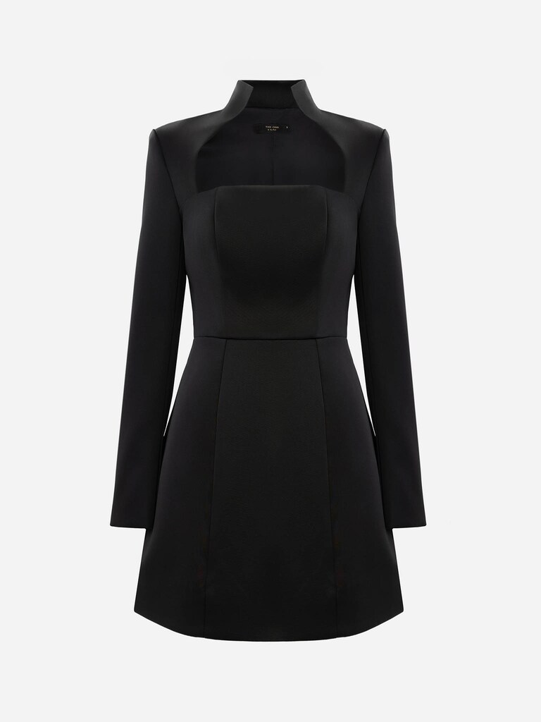 Mini dress with stand-up collar and curved neckline