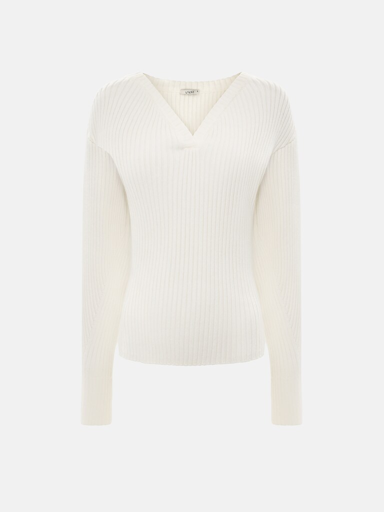 Джемпер в рубчик с V-образным вырезом и объемными рукавами