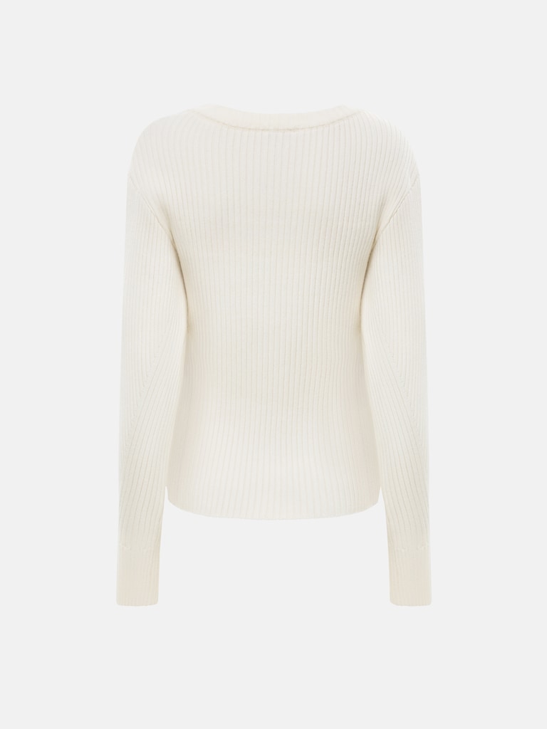 Джемпер в рубчик с V-образным вырезом и объемными рукавами