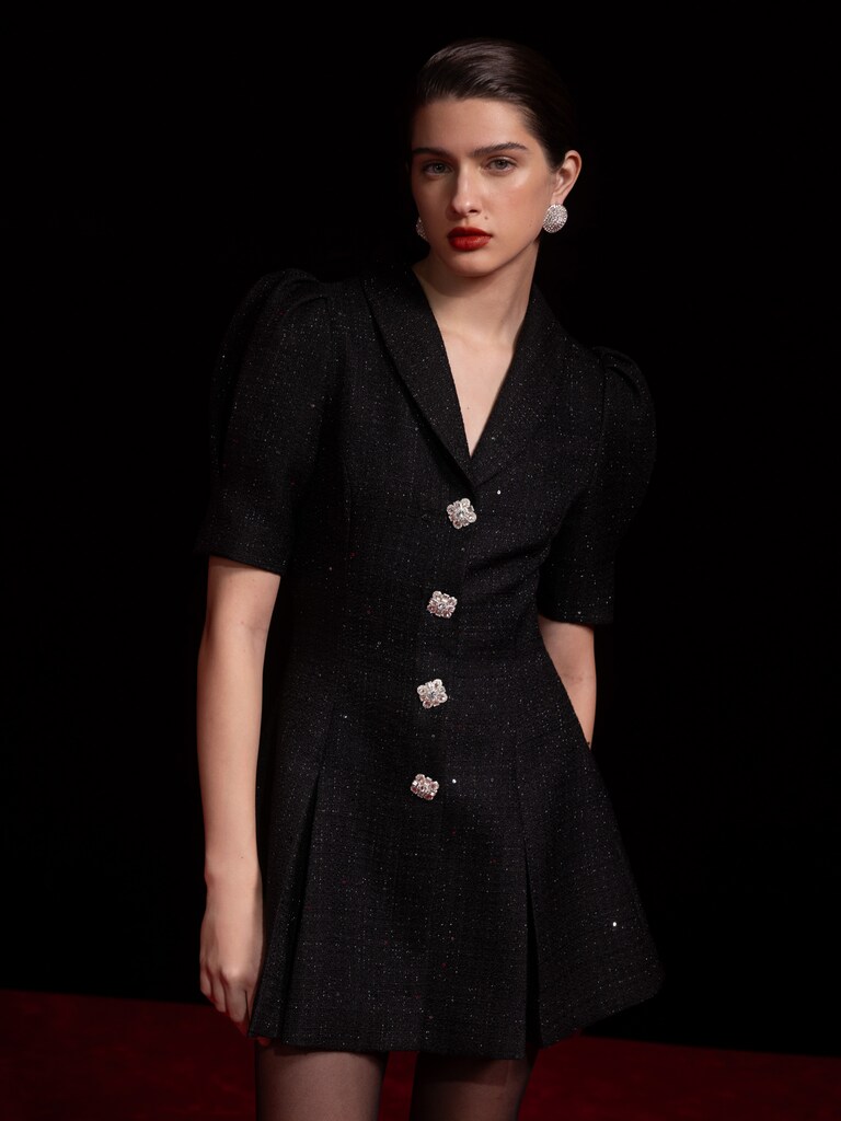 Tweed mini dress with accent buttons