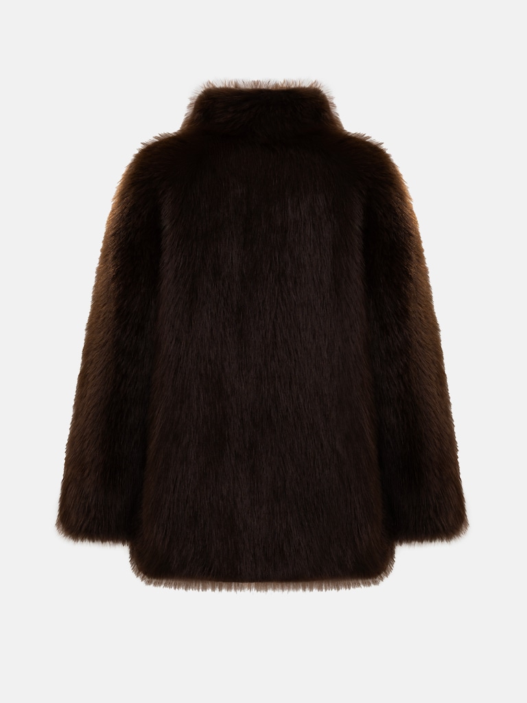 Short loose-fitting eco-fur coat with stand-up collar