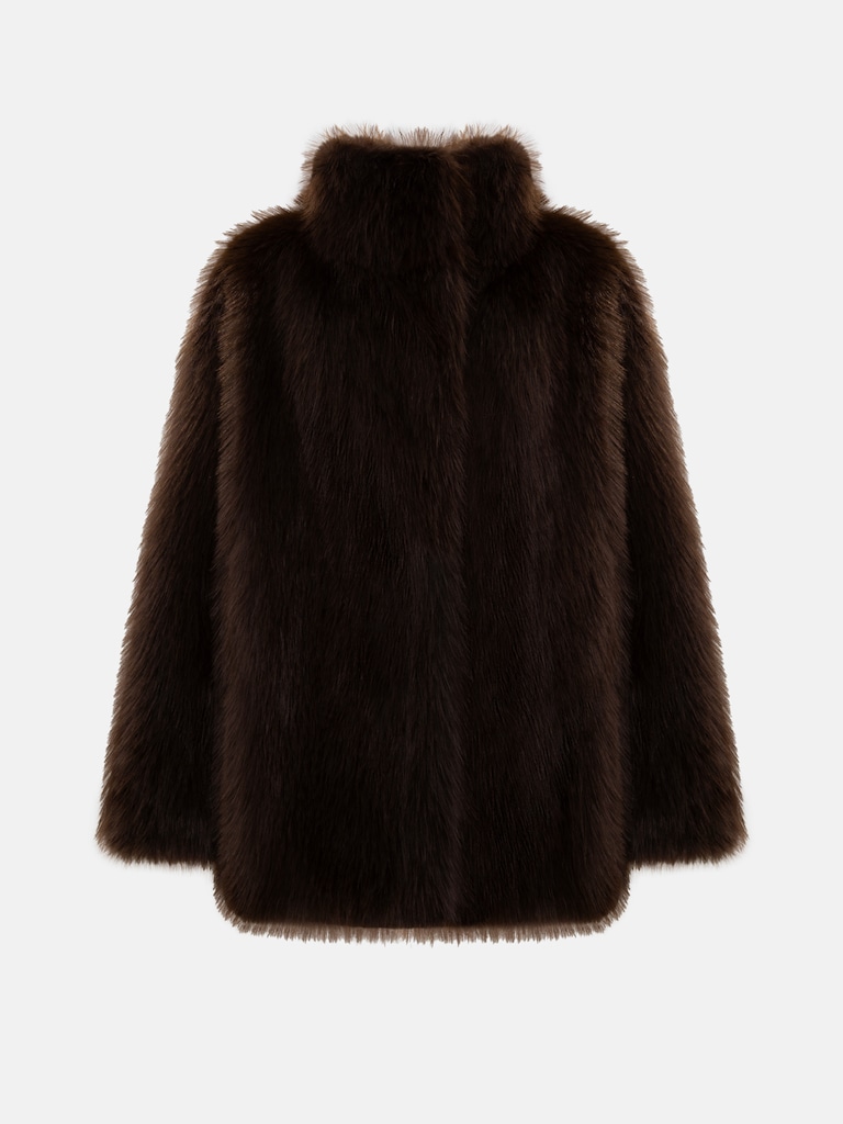 Short loose-fitting eco-fur coat with stand-up collar