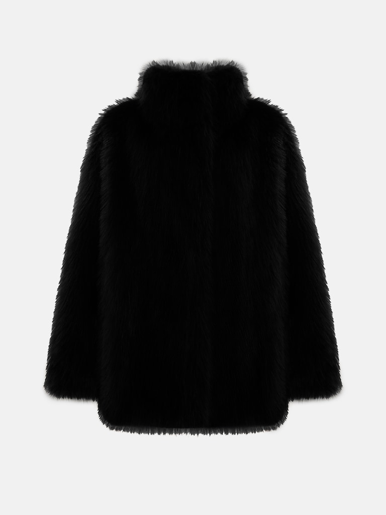 Short loose-fitting eco-fur coat with stand-up collar