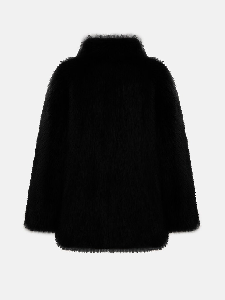 Short loose-fitting eco-fur coat with stand-up collar