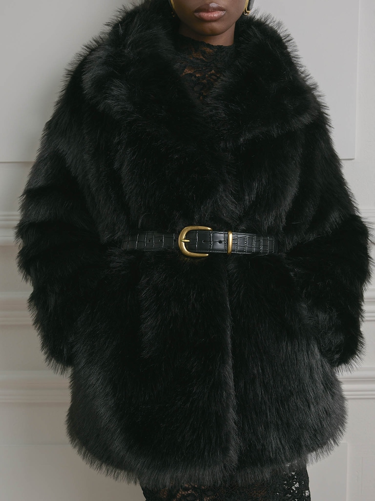 Short loose-fitting eco-fur coat with stand-up collar