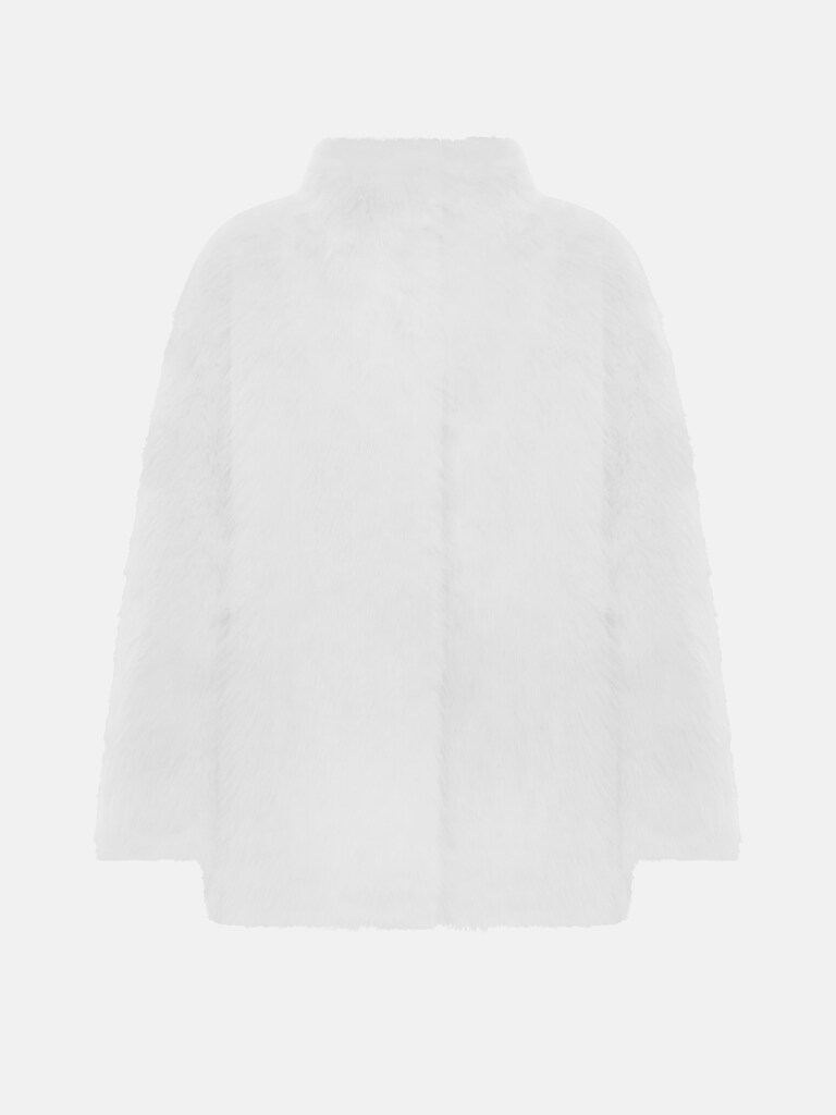 Short loose-fitting eco-fur coat with stand-up collar
