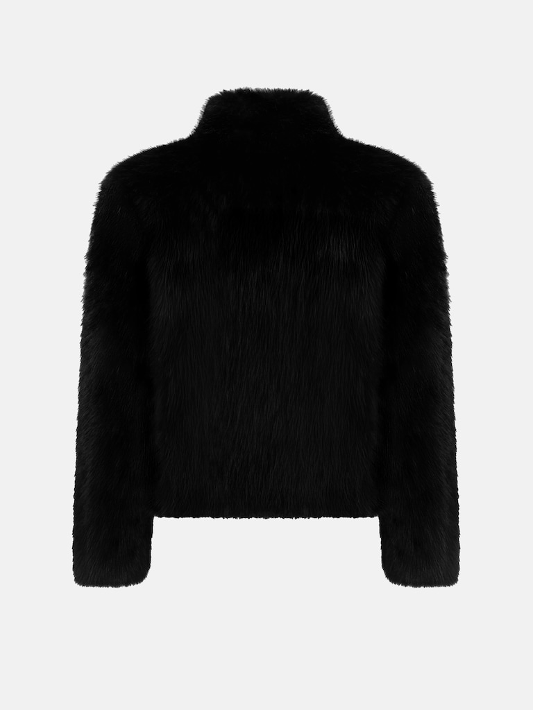 Manteau court en éco-fourrure avec fermeture zippée et col montant