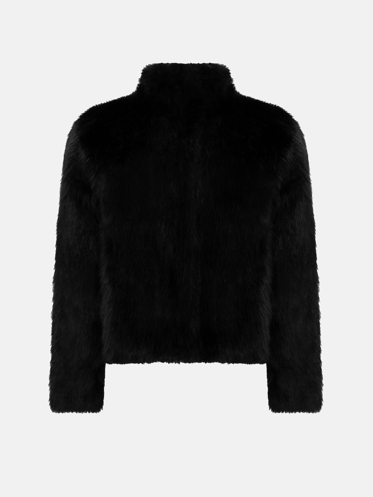 Manteau court en éco-fourrure avec fermeture zippée et col montant