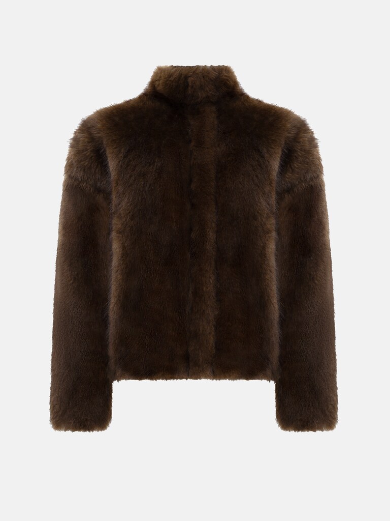 Kurzer Eco-Pelzmantel mit Reißverschluss und Stehkragen