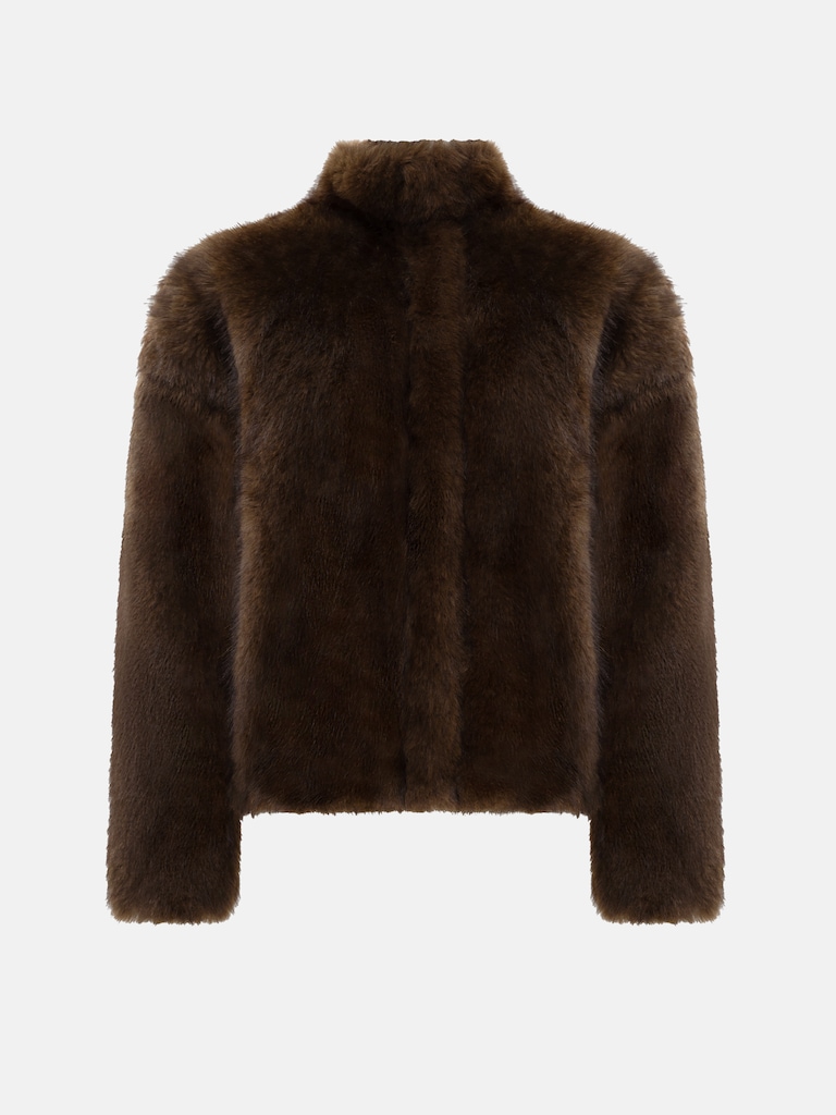 Manteau court en éco-fourrure avec fermeture zippée et col montant