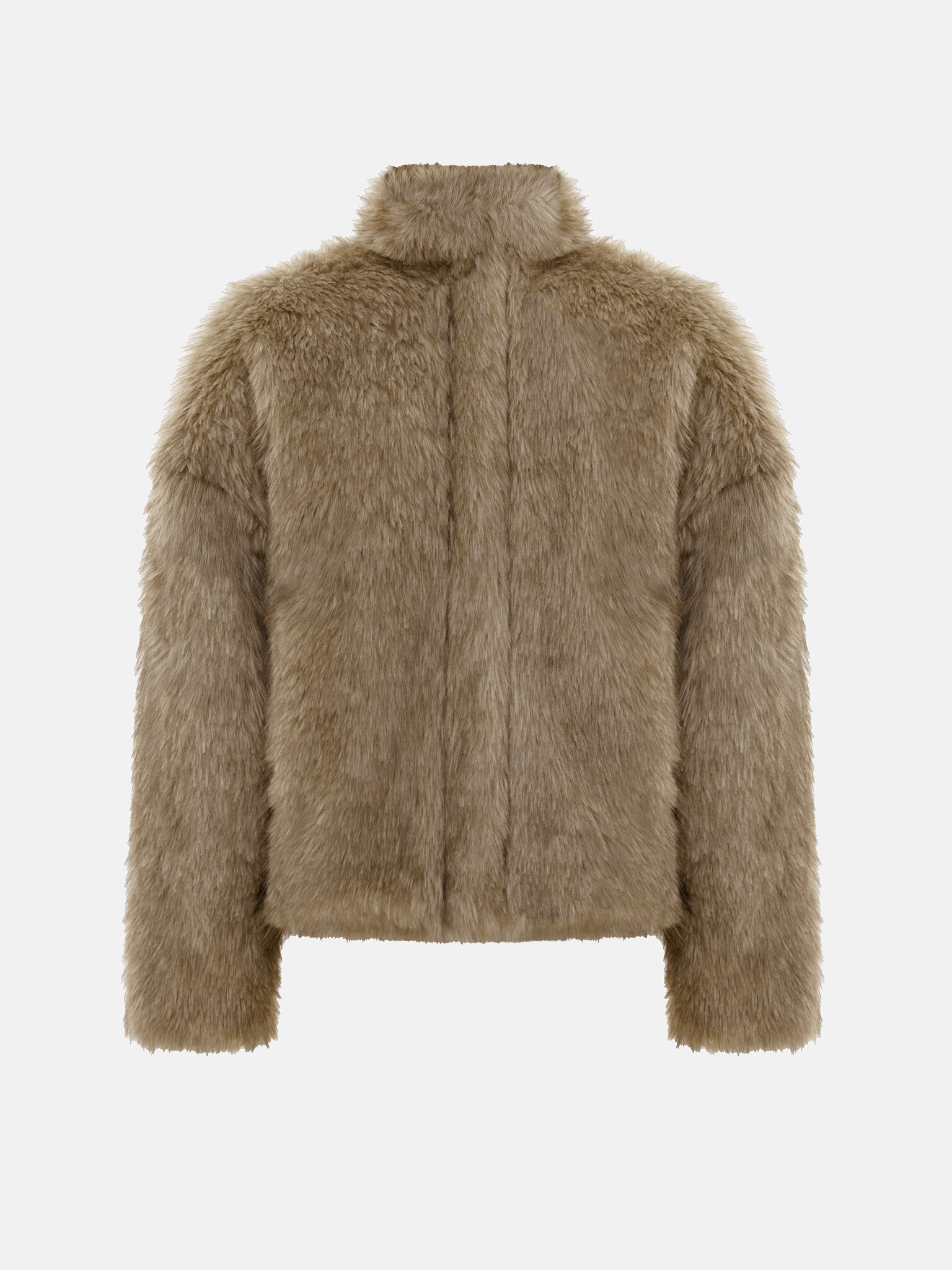Short eco-fur coat with zip fastening and stand-up collar :: LICHI