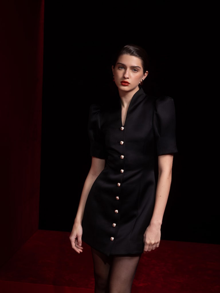 Smooth fabric mini dress with voluminous sleeves