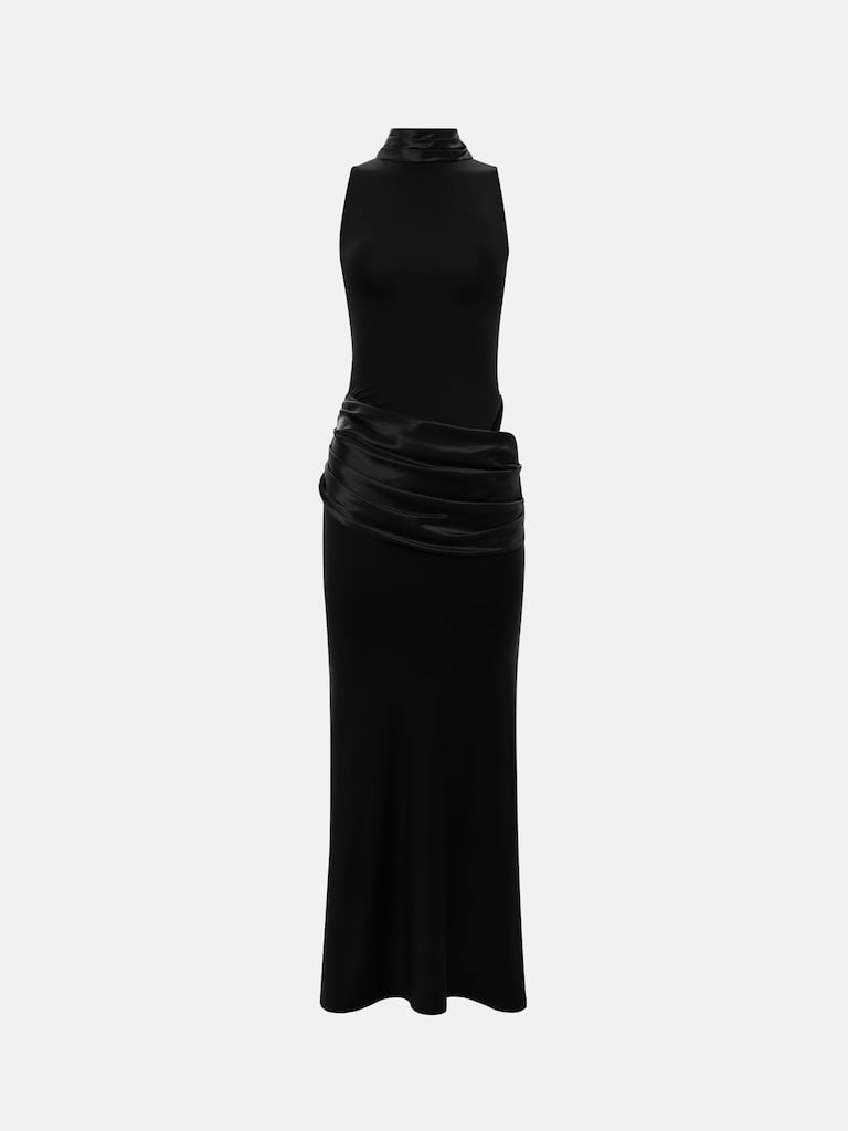 Платье макси с юбкой из атласа и разрезом сбоку