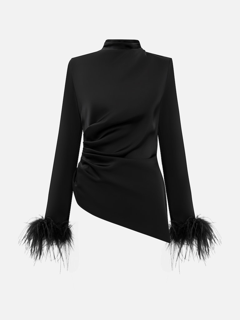 Блуза из сатина с перьями на манжетах
