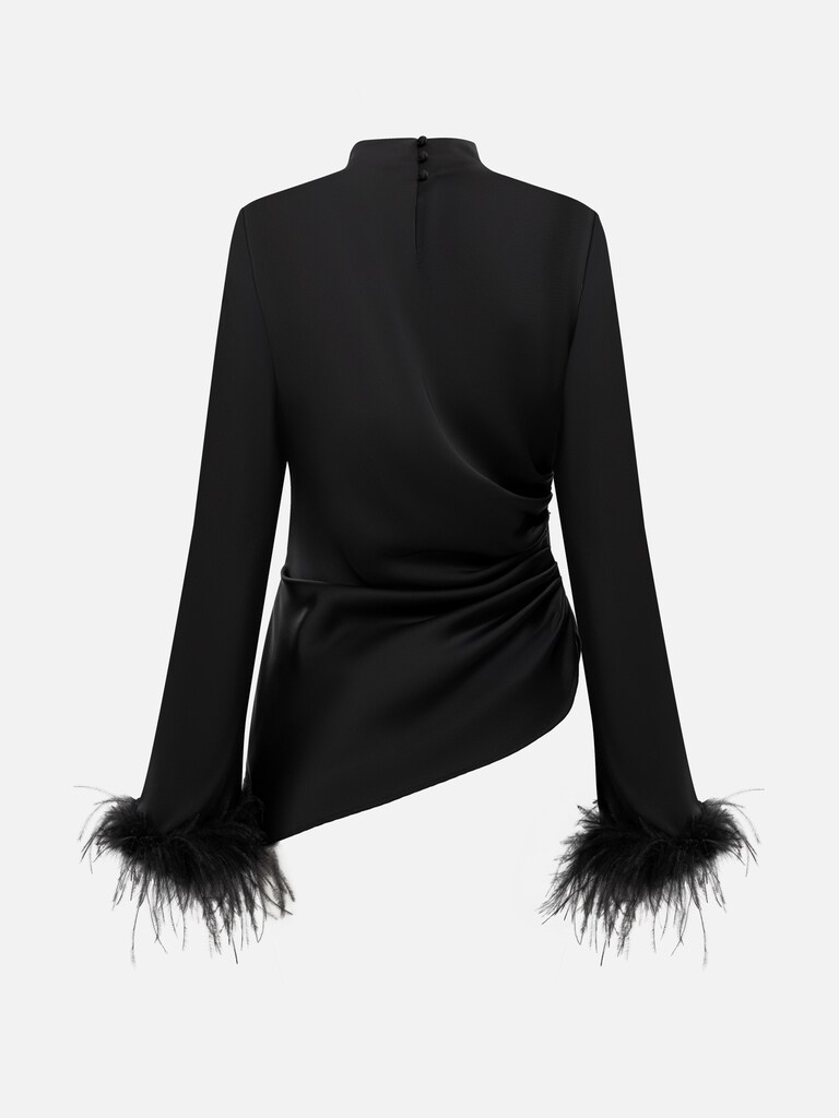 Блуза из сатина с перьями на манжетах