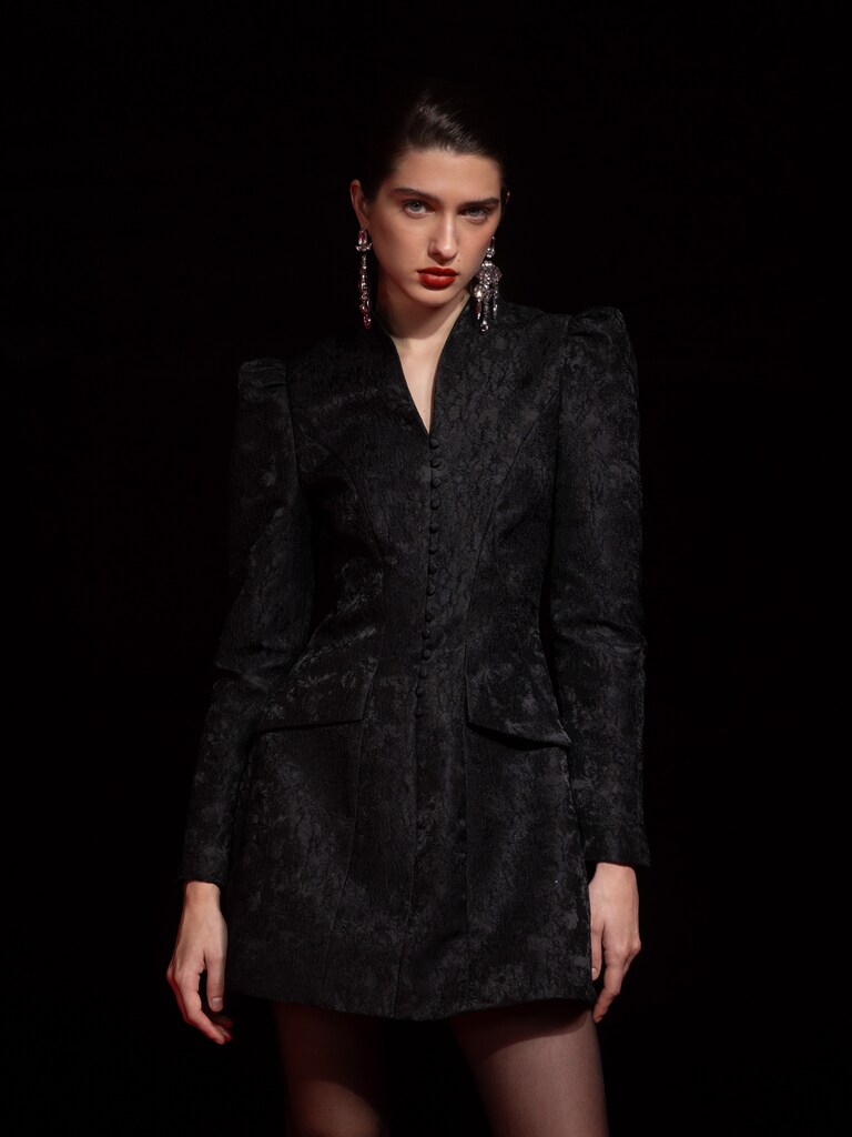 Fitted jacquard mini dress with accentuated shoulders