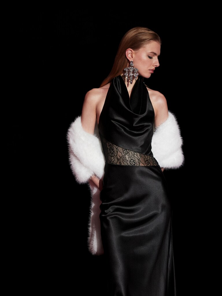 Satin maxi dress with draped neckline and lace insert at the waist