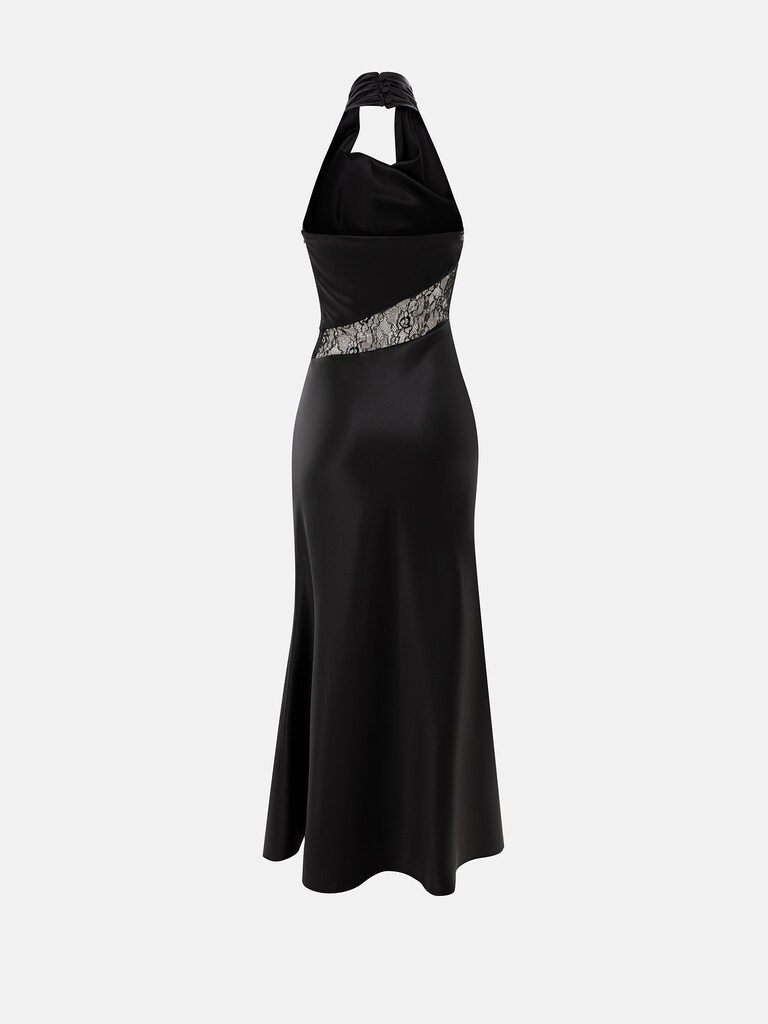 Satin maxi dress with draped neckline and lace insert at the waist