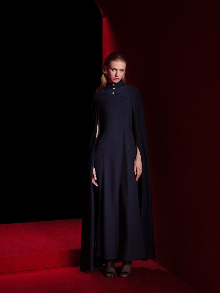 Fitted maxi dress with floor-length cape