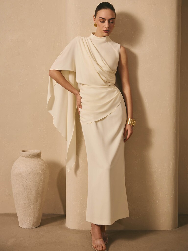 Maxi dress with one-shoulder draping