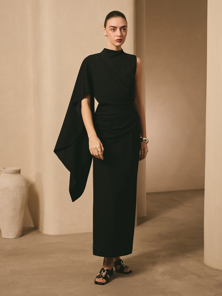 Maxi dress with one-shoulder draping