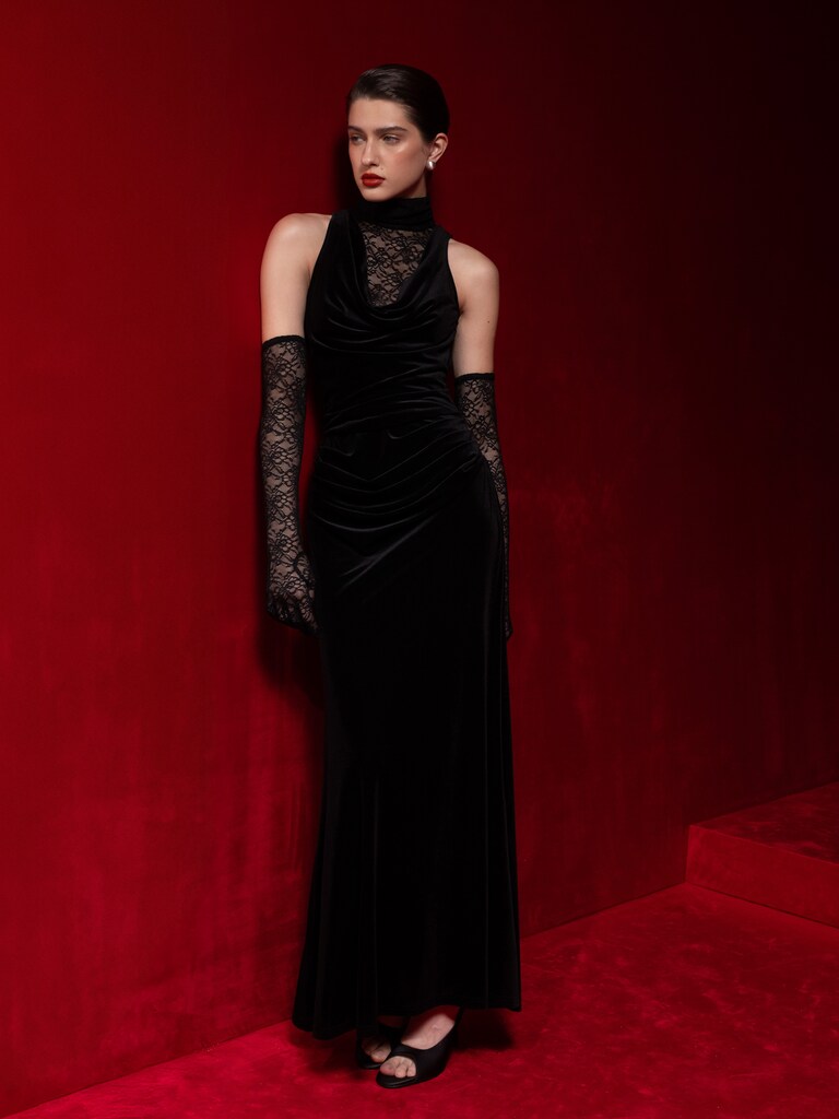 Velvet maxi dress with lace details
