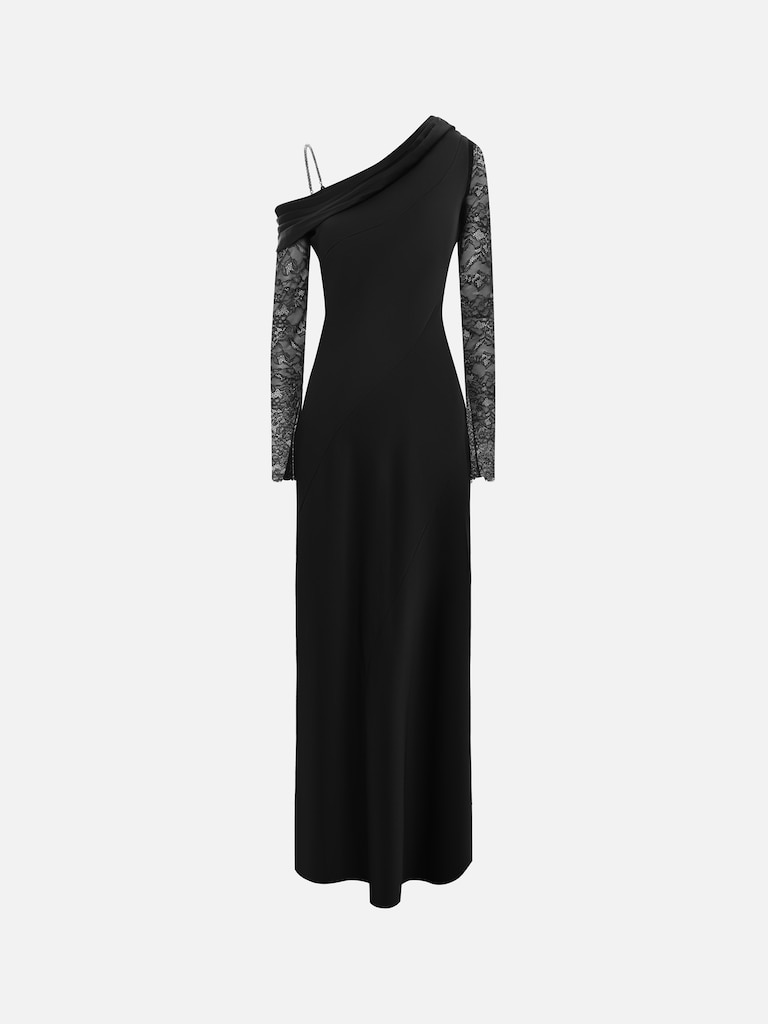 One-shoulder maxi dress with lace sleeves