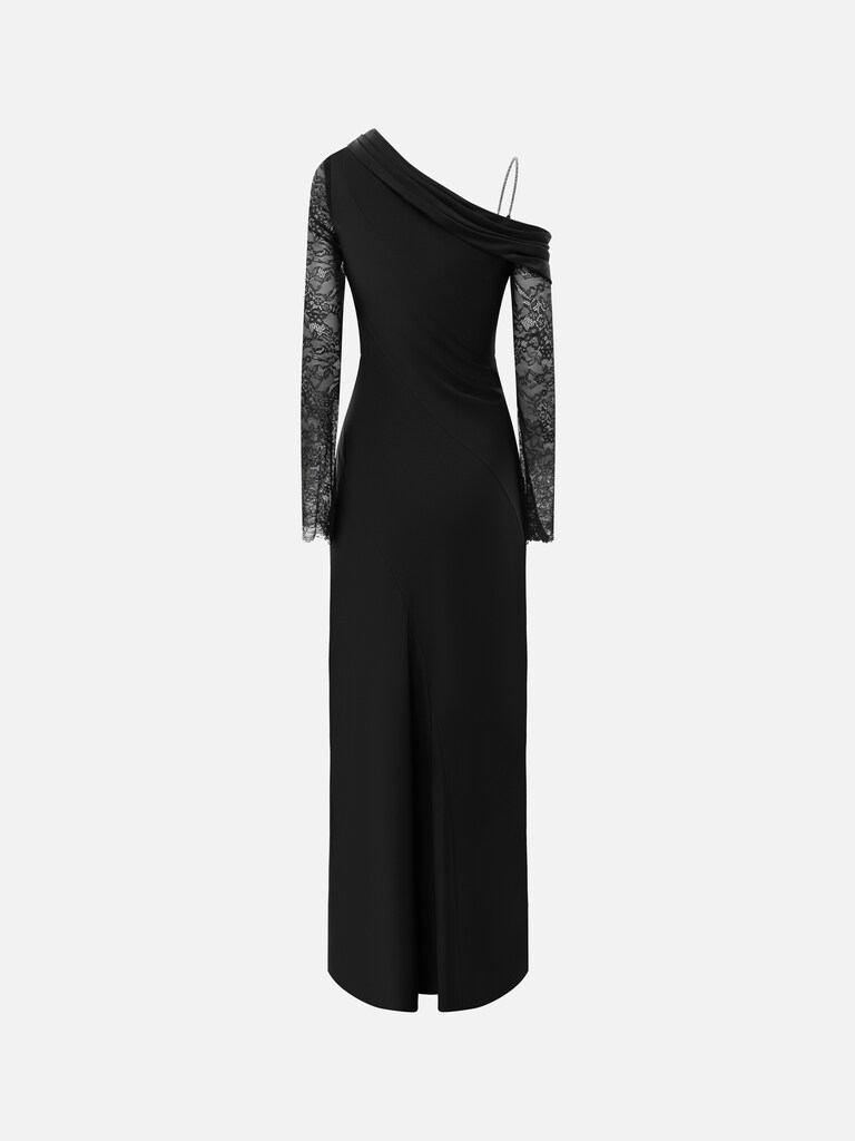One-shoulder maxi dress with lace sleeves