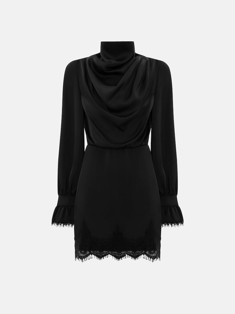 Satin mini dress with draping on the bodice and lace