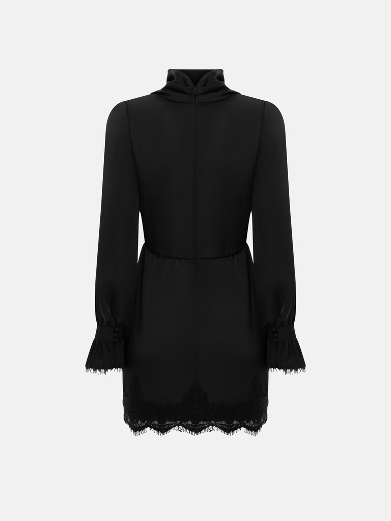 Satin mini dress with draping on the bodice and lace