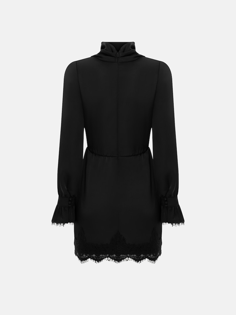 Satin mini dress with draping on the bodice and lace