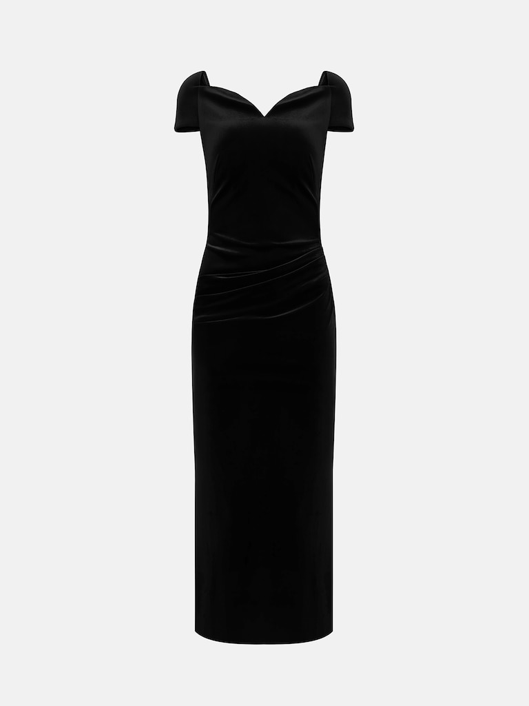 Fitted satin midi dress with curved neckline